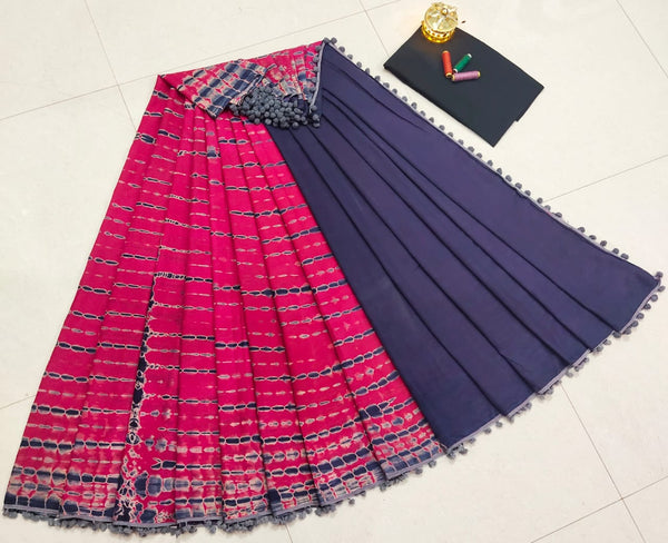 Pure Hand Block Cotton Sarees With Blouse