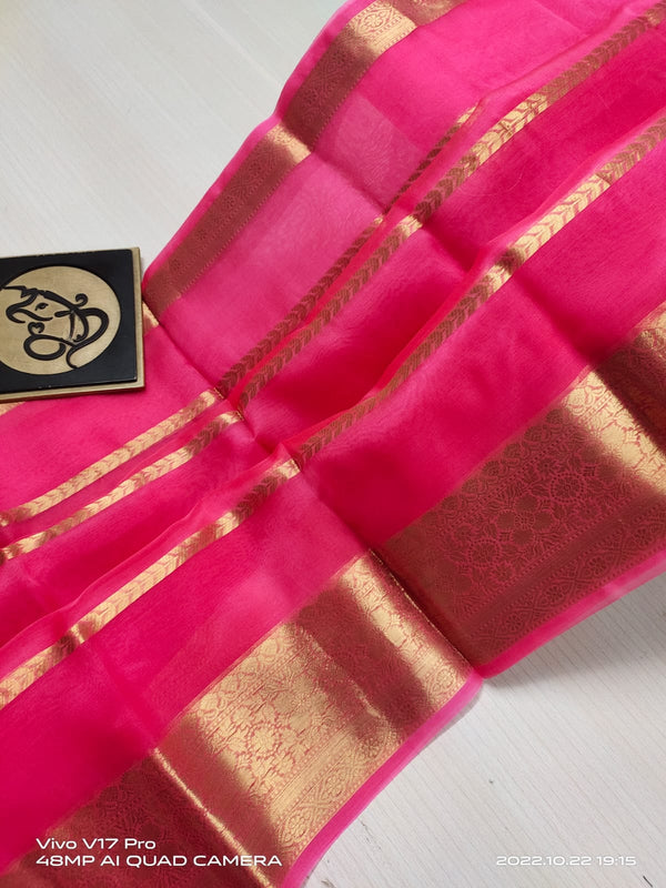 Semi Kora Organza Zari Stripe Silk Saree With Blouse