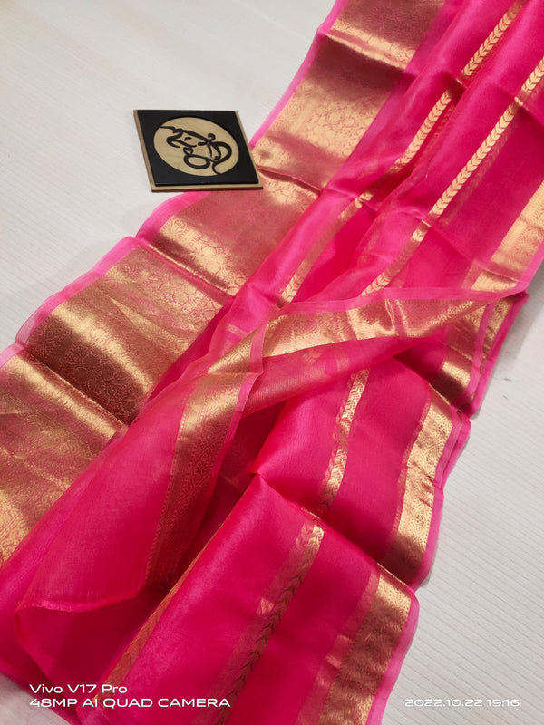 Semi Kora Organza Zari Stripe Silk Saree With Blouse