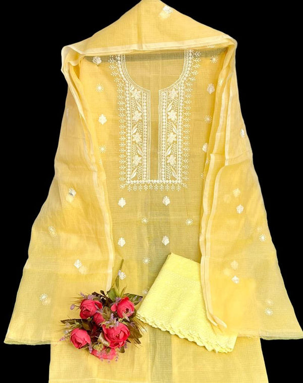 Pure Kota Doriya Embroidery Work Unstitched Suits With Kota Doriya Dupatta & Chikankari Bottom .