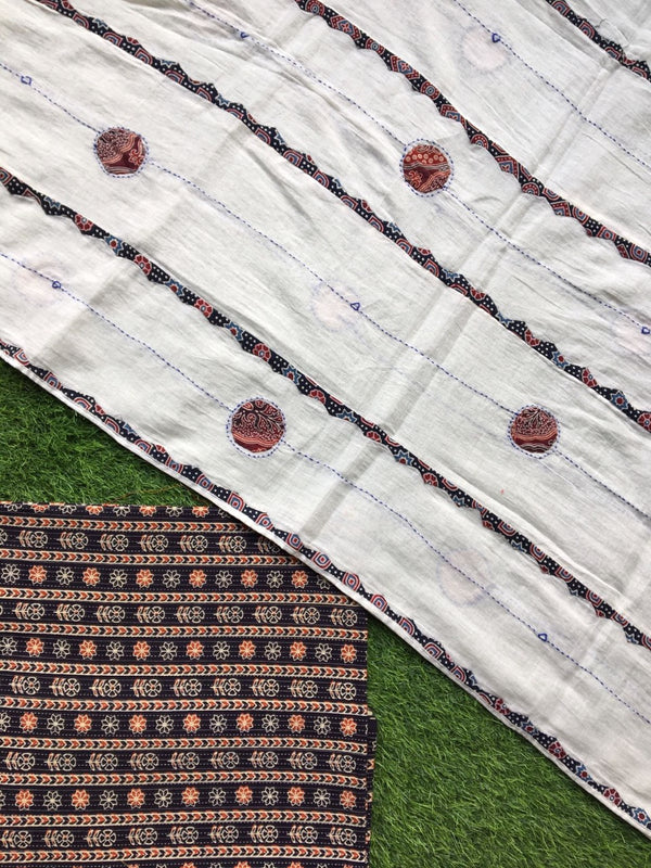 Pure Cotton Hand Block Azrak Print Unstitched Suit With Hand Work Azrak Patch Work Dupatta (With Out Bottom)