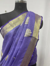 Pure Linen Silk Saree With Leaf Embroidery