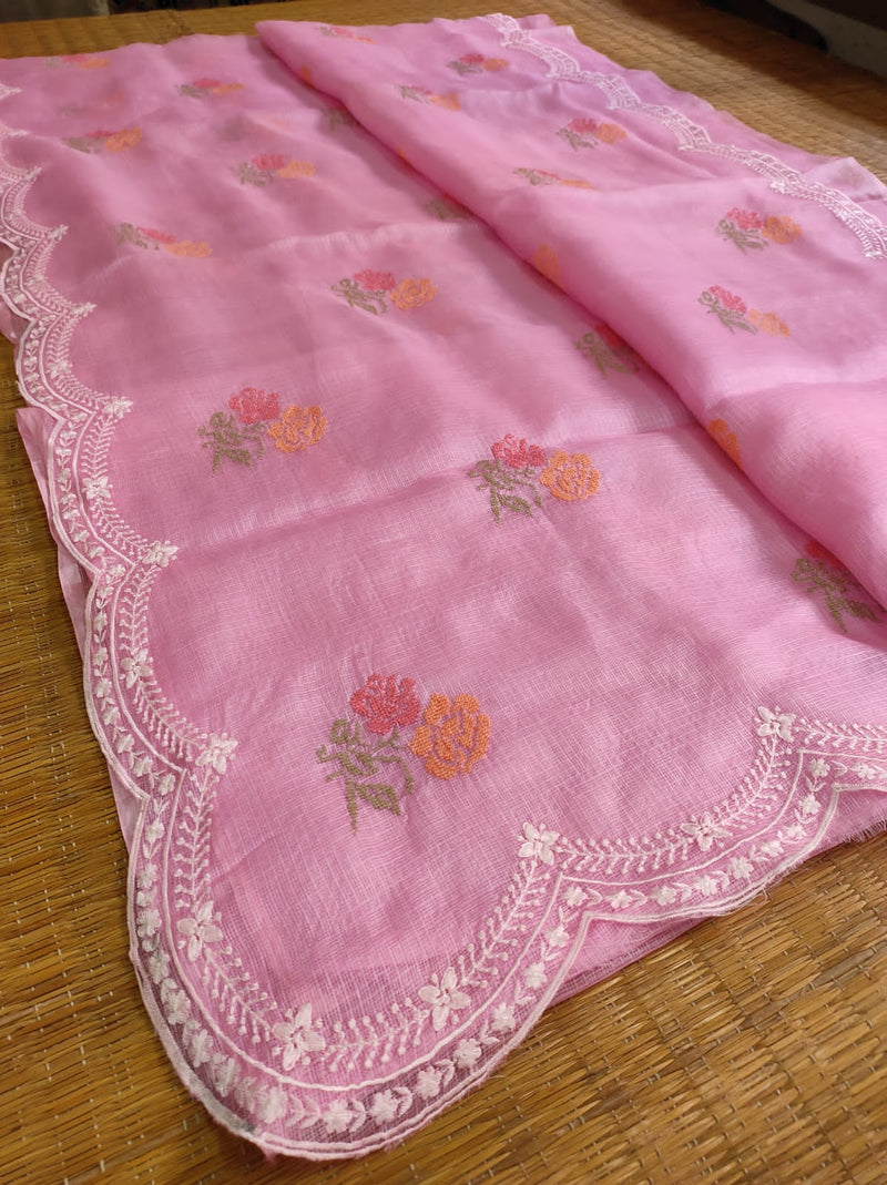 Pure Banarsi Tussar Silk Kota Embroidery Cutwork With Buta Work Saree .