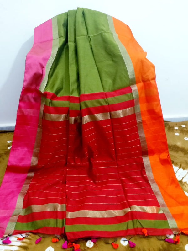 Silk Cotton Handloom Silver Maheswari Design Saree With Jacquard Border  ( length- 6.3 meter )