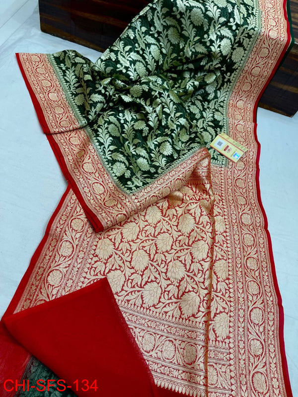 Pure Banarasi Handloom Khaddi Georgette Silk Saree With Zari Work ( length- 6.3 meter )