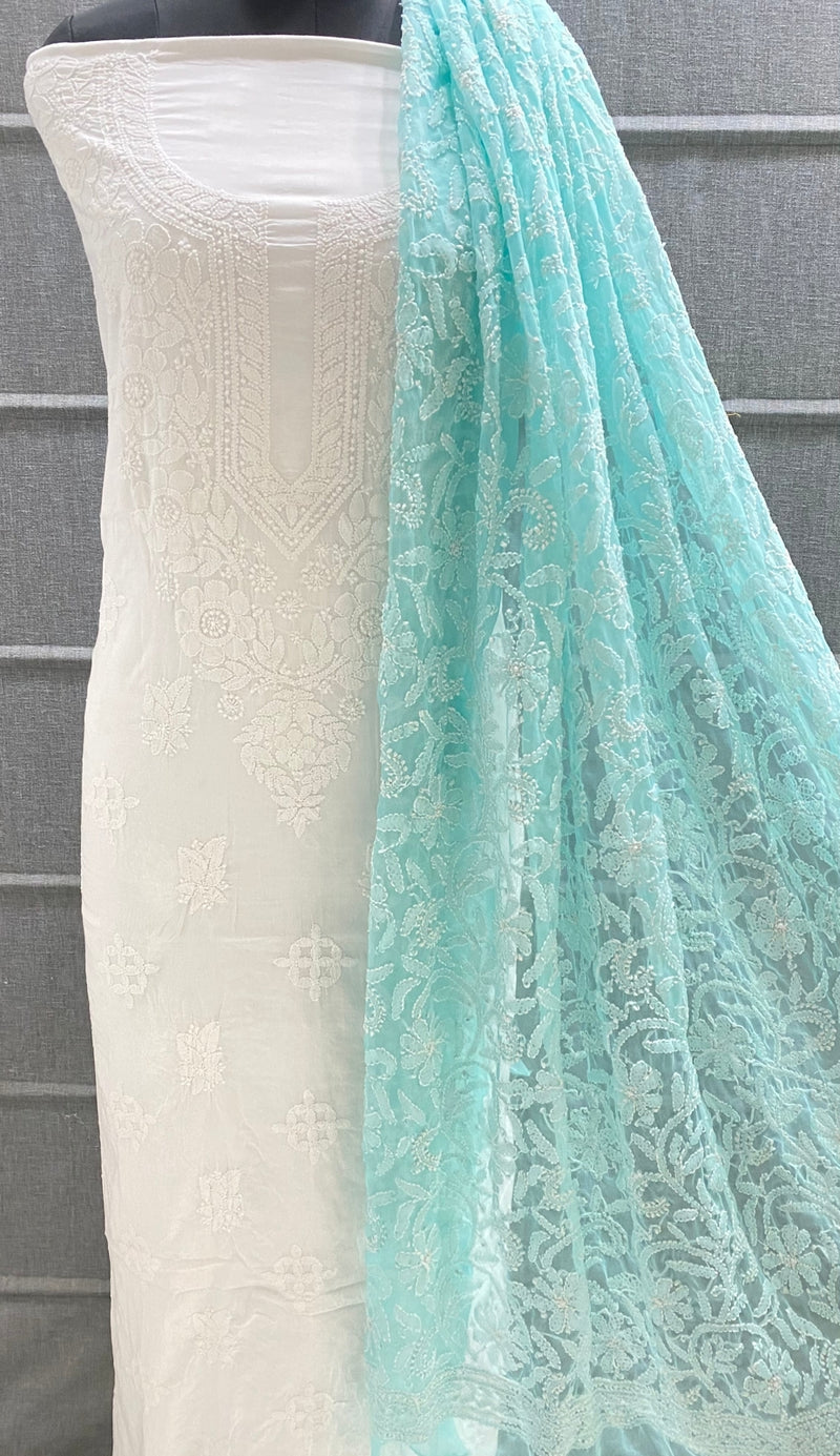 Pure MulMul Cotton Chikankari Unstitched Suit Chikankari Hand Embroidery Jaal Dupatta