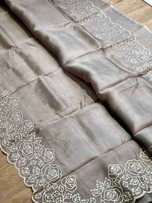 Pure Organza Silk Pearl Embroidery Cutwork Border Saree .