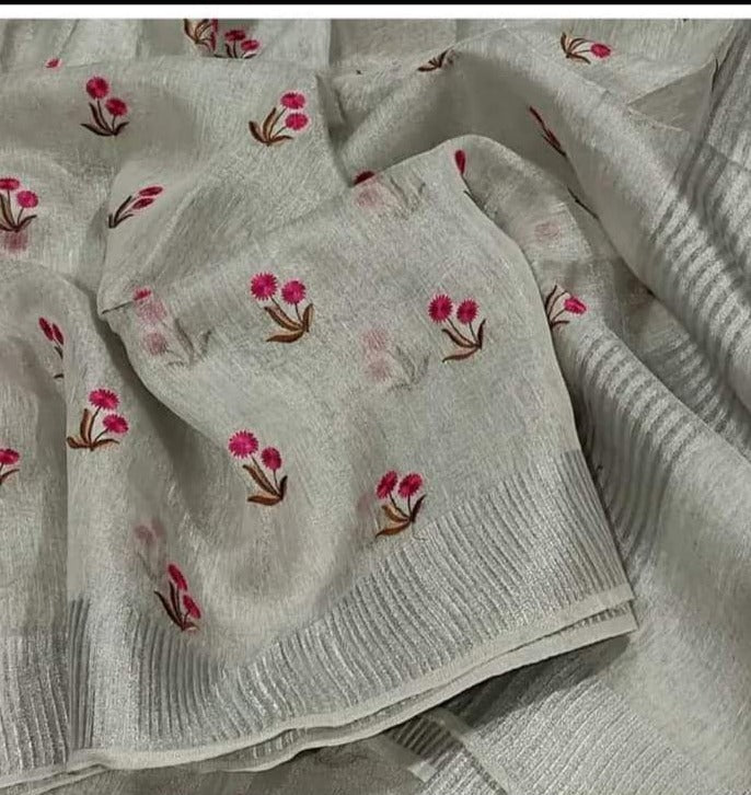 Pure Tissue Linen Saree With Hand Embroidery