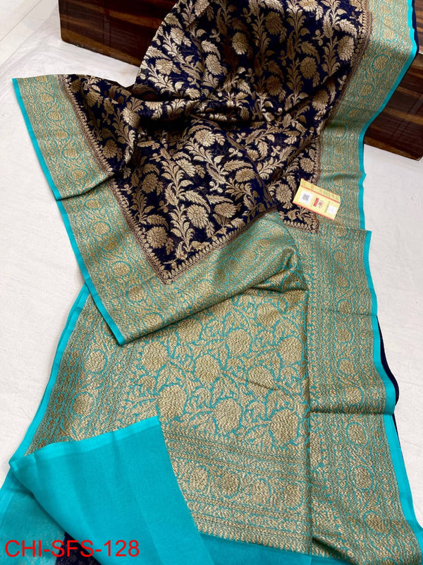 Pure Banarasi Handloom Khaddi Georgette Silk Saree With Zari Work ( length- 6.3 meter )