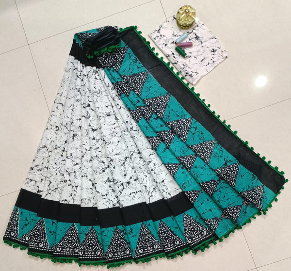 Pure Hand Block Cotton Sarees With Blouse