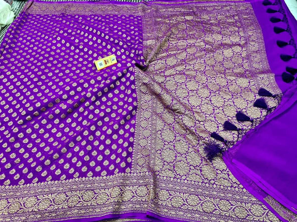 Exclusive Pure Banarasi Khaddi Georgette Saree With Rich Pure Gold Zari Buti ,With Traditional Banarasi Style Border And Pallu  ( Length- 6.3 Meter )