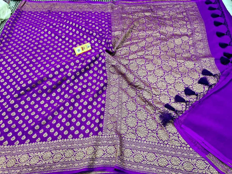 Exclusive Pure Banarasi Khaddi Georgette Saree With Rich Pure Gold Zari Buti ,With Traditional Banarasi Style Border And Pallu  ( Length- 6.3 Meter )