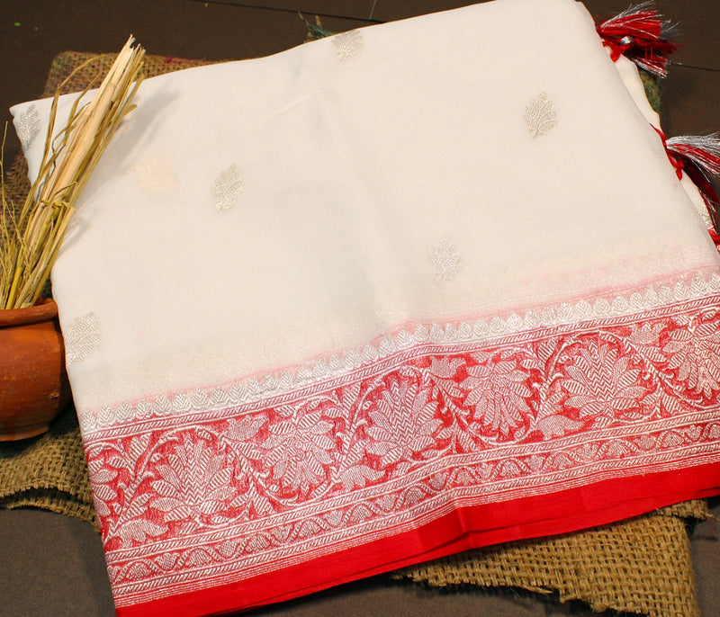 Pure Khaddi Chiffon Georgette Saree with Silver Zari Weaving blouse  ( length- 6.3 meter )