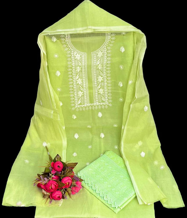 Pure Kota Doriya Embroidery Work Unstitched Suits With Kota Doriya Dupatta & Chikankari Bottom .