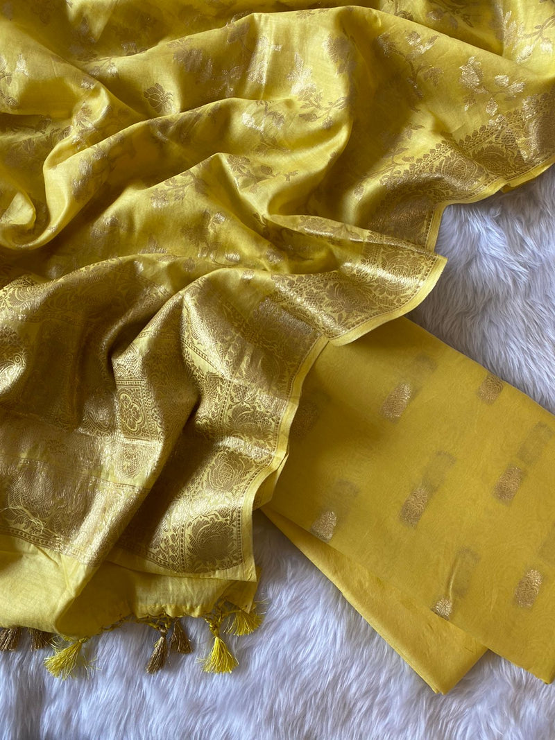 Pure Banarasi Chanderi Silk Buti Unstitched Suit With Chanderi Zari Dupatta