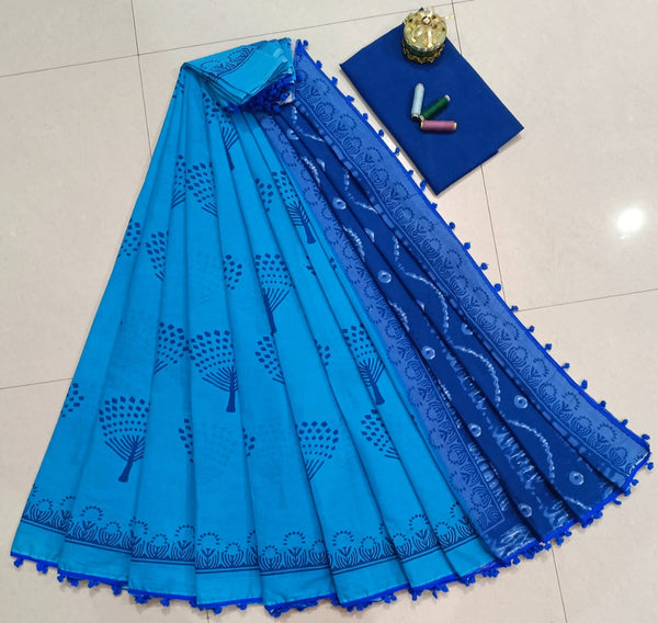 Pure Hand Block Cotton Sarees With Blouse