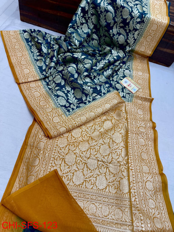 Pure Banarasi Handloom Khaddi Georgette Silk Saree With Zari Work ( length- 6.3 meter )