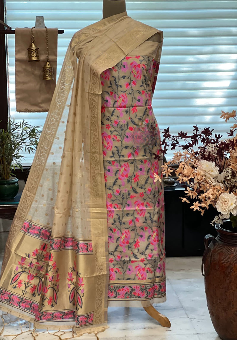 Pure Banarasi Jamdani Tilfi Premium Quality Unstitched Salwar Suit All Over Jacquard Weaving