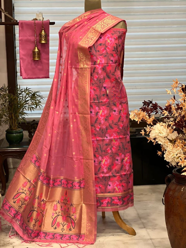 Pure Banarasi Jamdani Tilfi Premium Quality Unstitched Salwar Suit All Over Jacquard Weaving