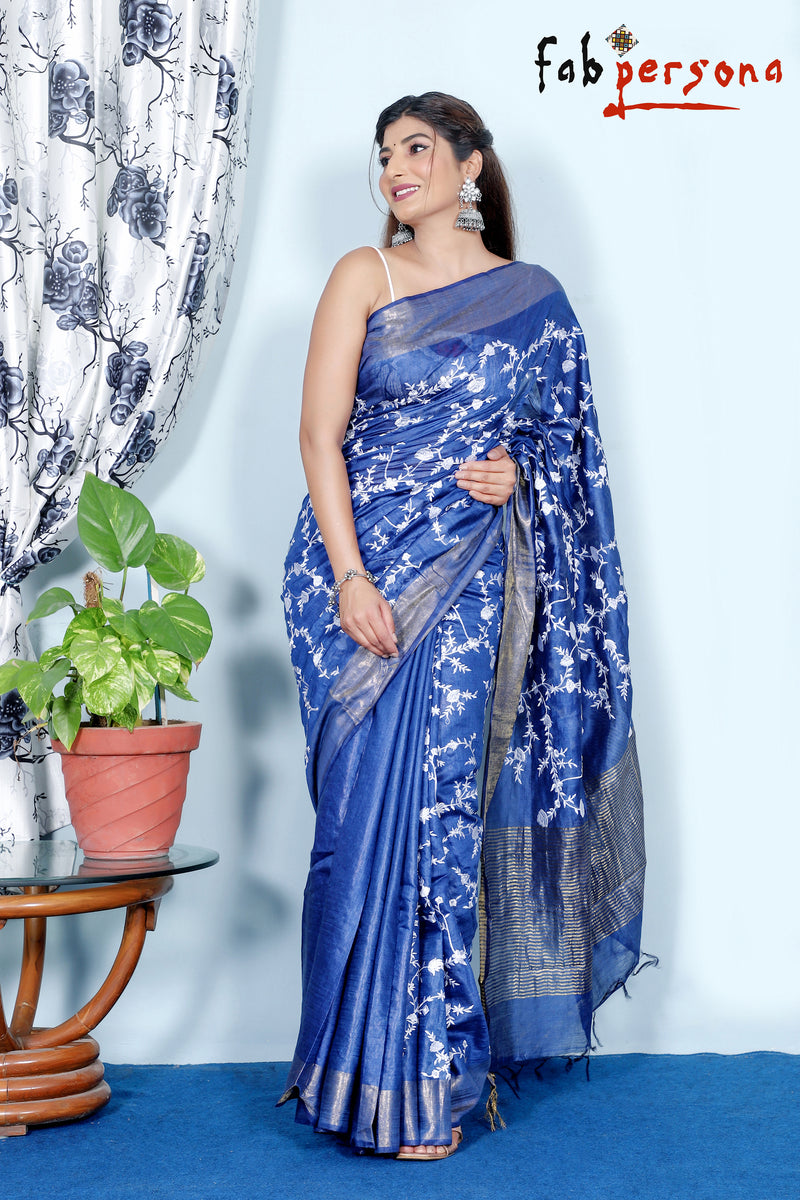 Pure Linen silk Saree Embroidery Work.( length- 6.3 meter )