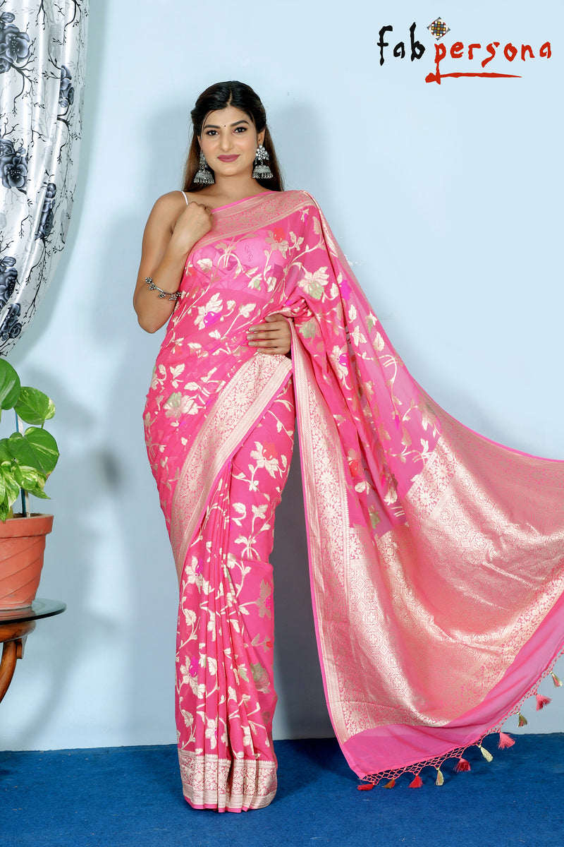 Peach Color Pure Khaddi Georgette Saree with Full jaal and meenakari work