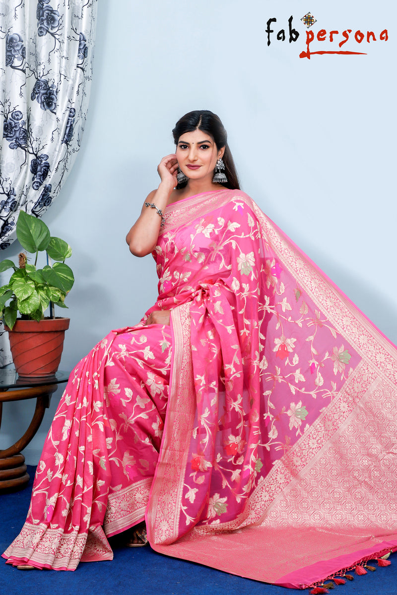 Peach Color Pure Khaddi Georgette Saree with Full jaal and meenakari work