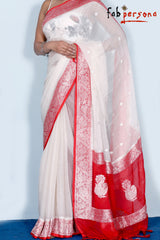 Pure Khaddi Chiffon Georgette Saree with Silver Zari Weaving blouse  ( length- 6.3 meter )