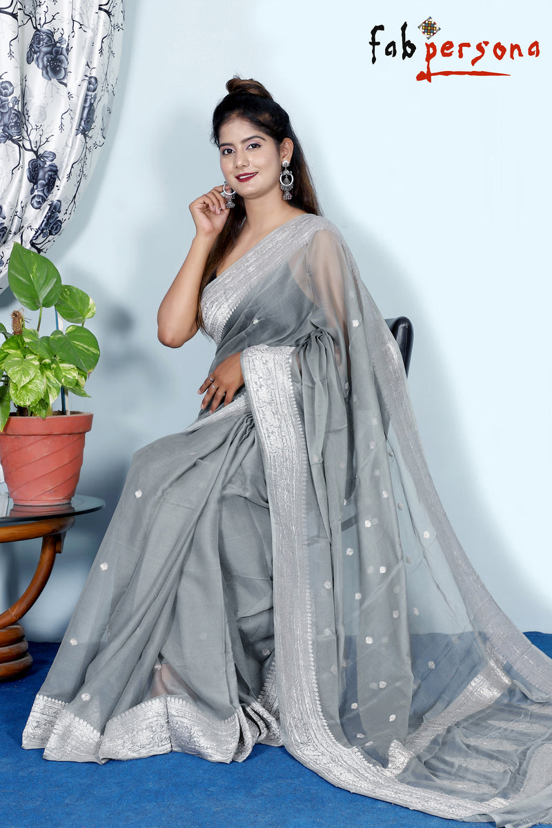 Pure Hand loom  Khaddi Chiffon Georgette Saree with Silver Zari Weaving blouse  ( length- 6.3 meter )