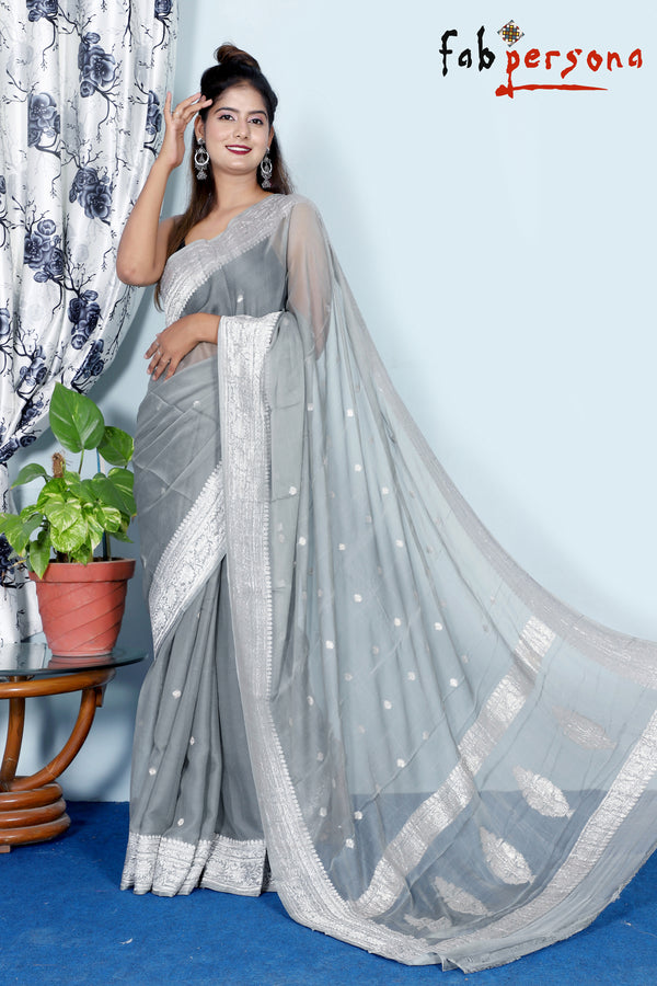 Pure Hand loom  Khaddi Chiffon Georgette Saree with Silver Zari Weaving blouse  ( length- 6.3 meter )