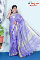 Pure Linen Silk Saree With Leaf Embroidery