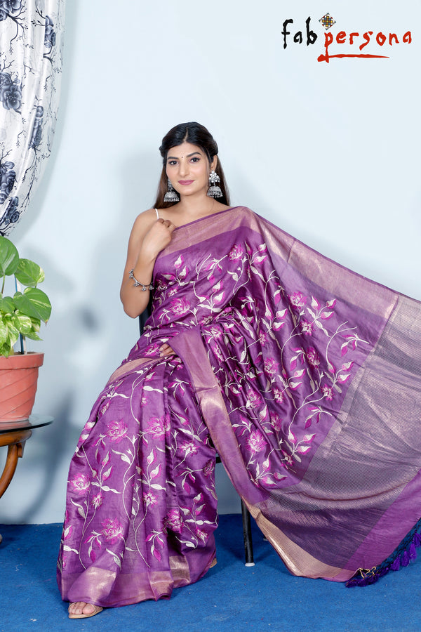 Pure Linen by silk Saree Embroidery Work.( length- 6.3 meter )