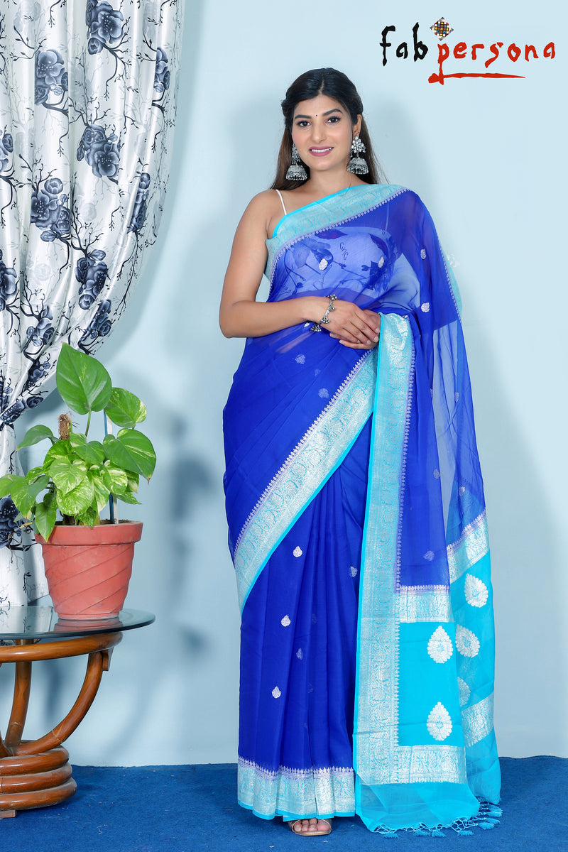 Pure Hand loom  Khaddi Georgette Saree with Silver Zari Weaving blouse  ( length- 6.3 meter )