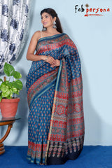 Pure Cotton Silk Azrak Saree With kalamkari Work With Blouse