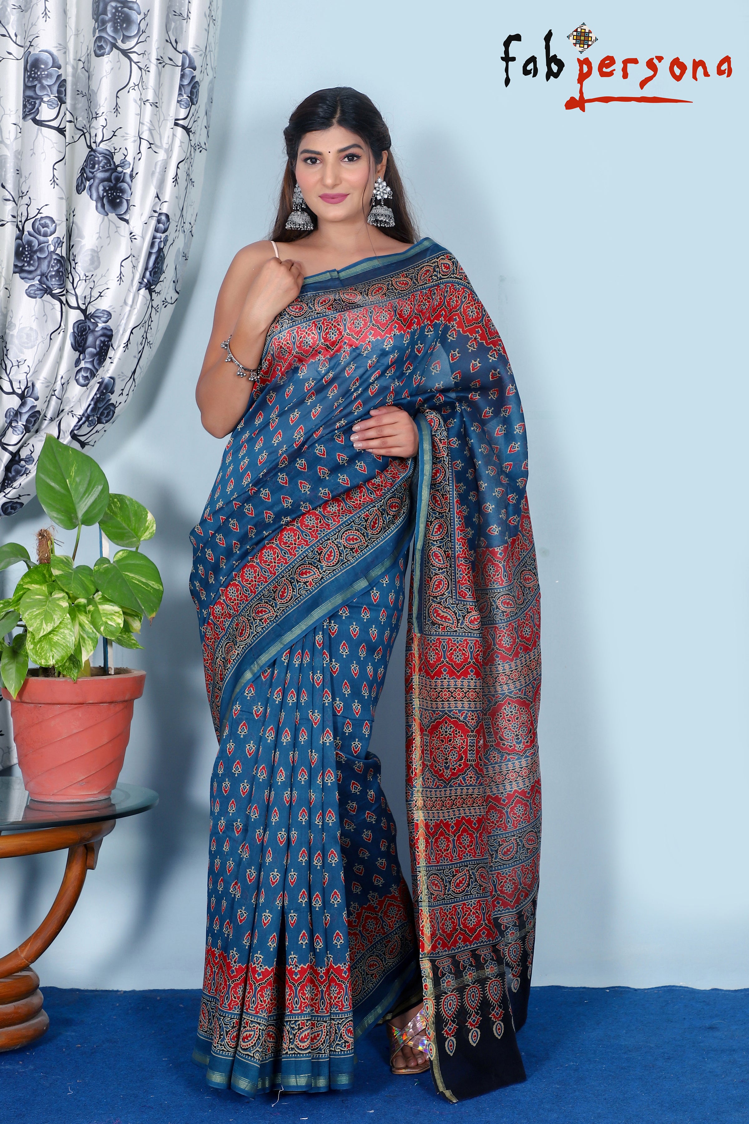 SIAZ LOOM - Modal Silk Saree Ajrakh Natural Dye Handblock Print - Brown -  Siaz Loom