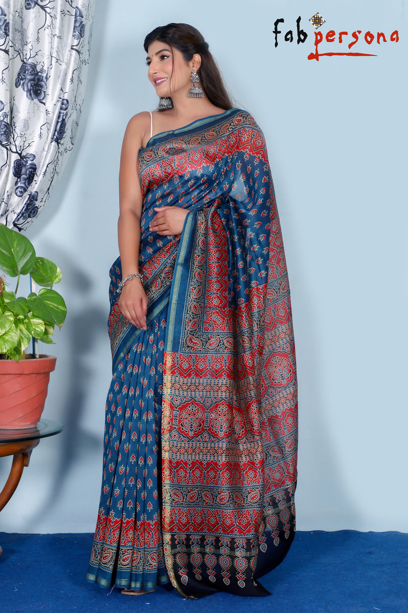 Pure Cotton Silk Azrak Saree With kalamkari Work With Blouse