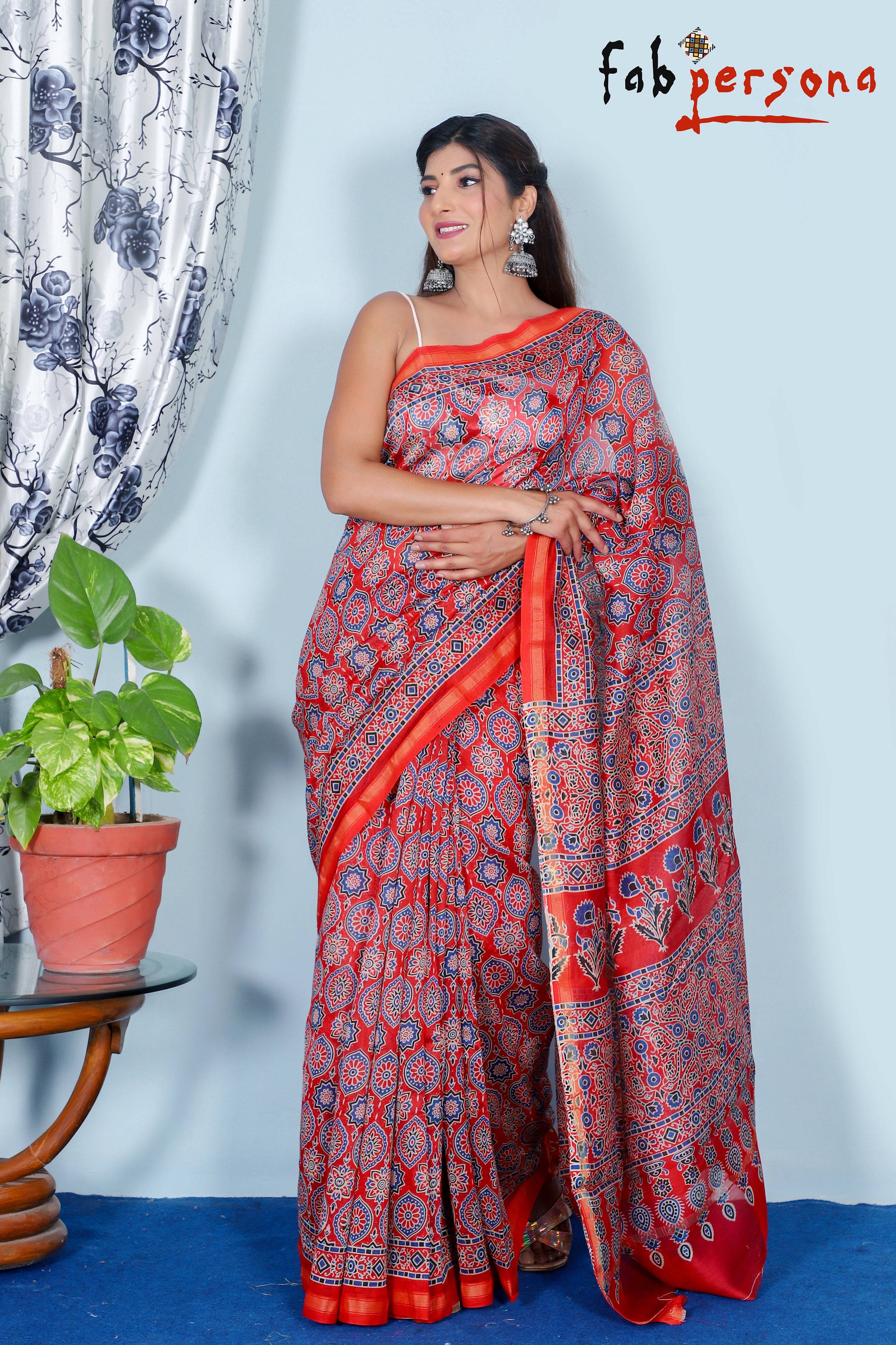 Mulmul Coral Red Pure Cotton Ajrak Hand block Print Saree – Iktaara By Tulsi