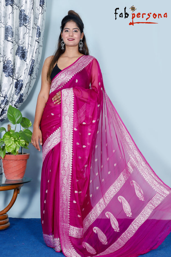 Pure Hand loom  Khaddi Chiffon Georgette Saree with Silver Zari Weaving blouse  ( length- 6.3 meter )