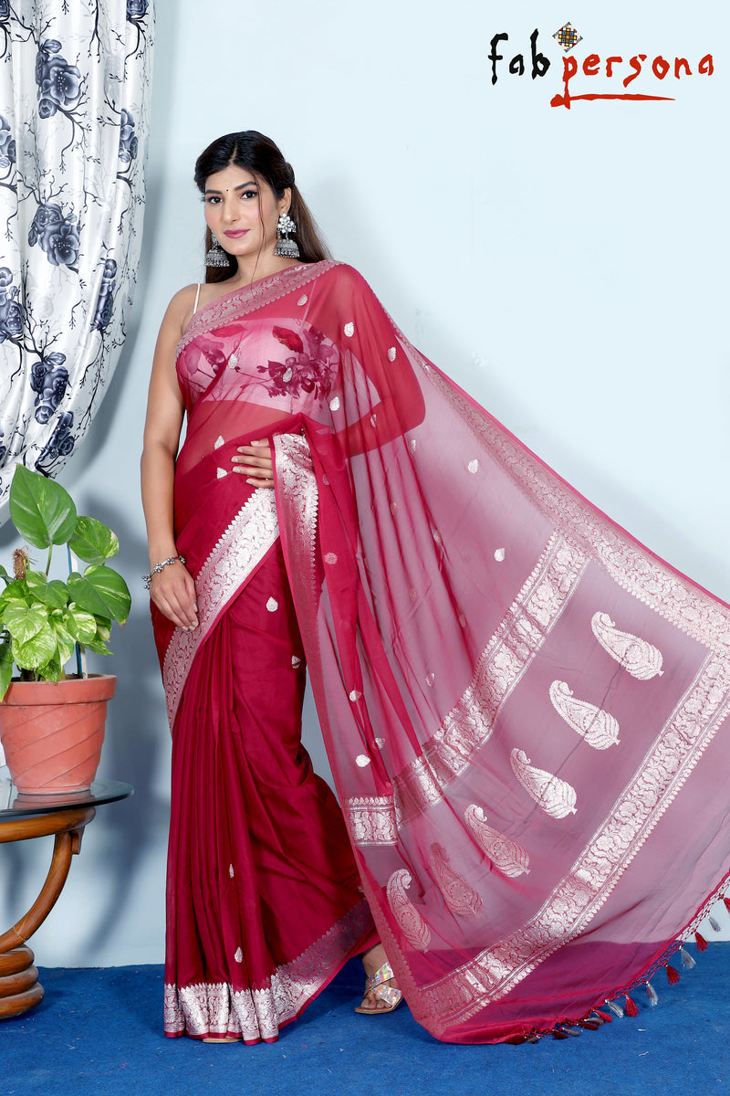 Pure Hand loom  Khaddi Chiffon Georgette Saree with Silver Zari Weaving blouse  ( length- 6.3 meter )