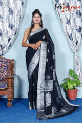 Pure Hand loom  Khaddi Chiffon Georgette Saree with Silver Zari Weaving blouse  ( length- 6.3 meter )