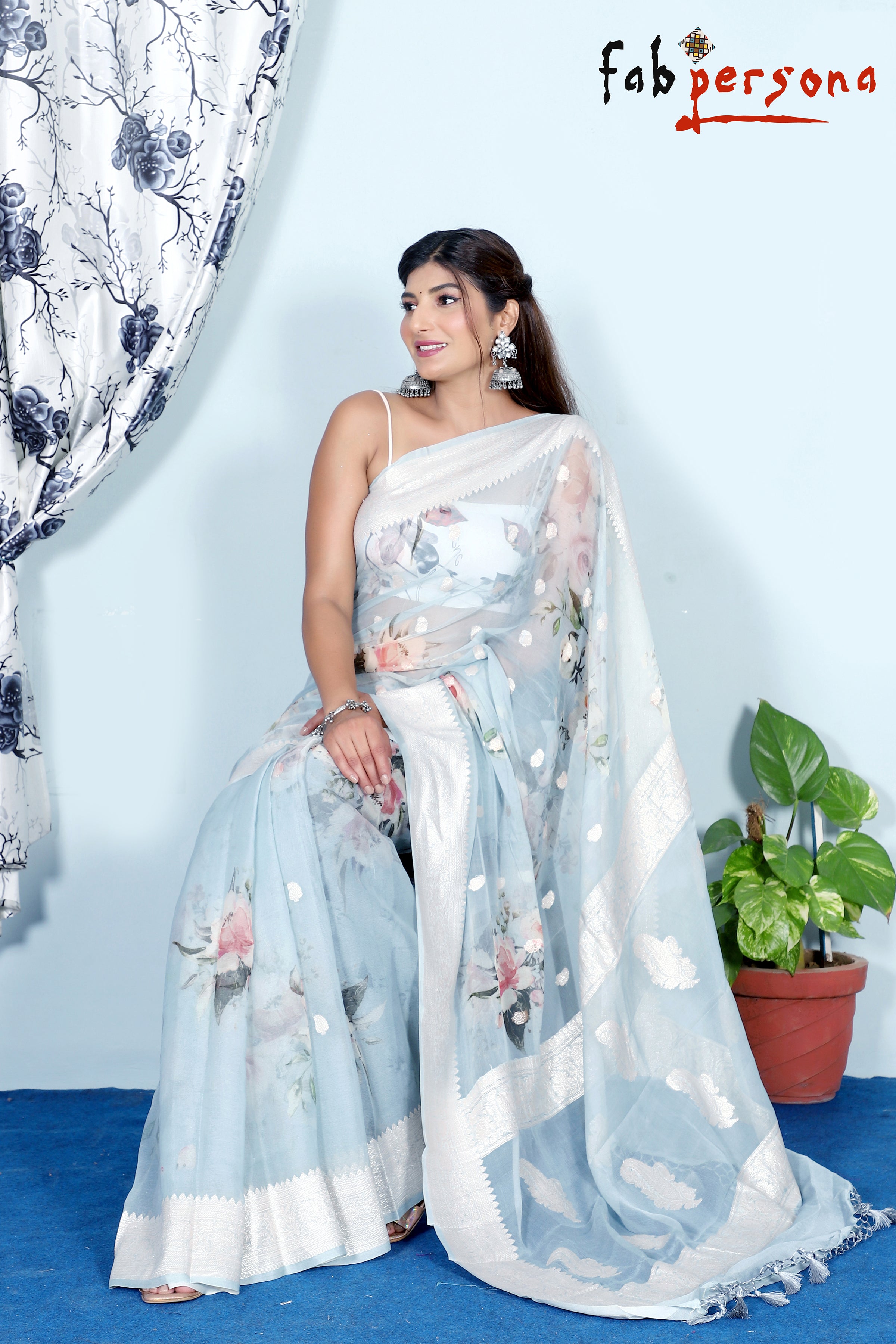 Trendy Georgette Digital Printed Mukesh Work Blue Saree – ajmera-retail