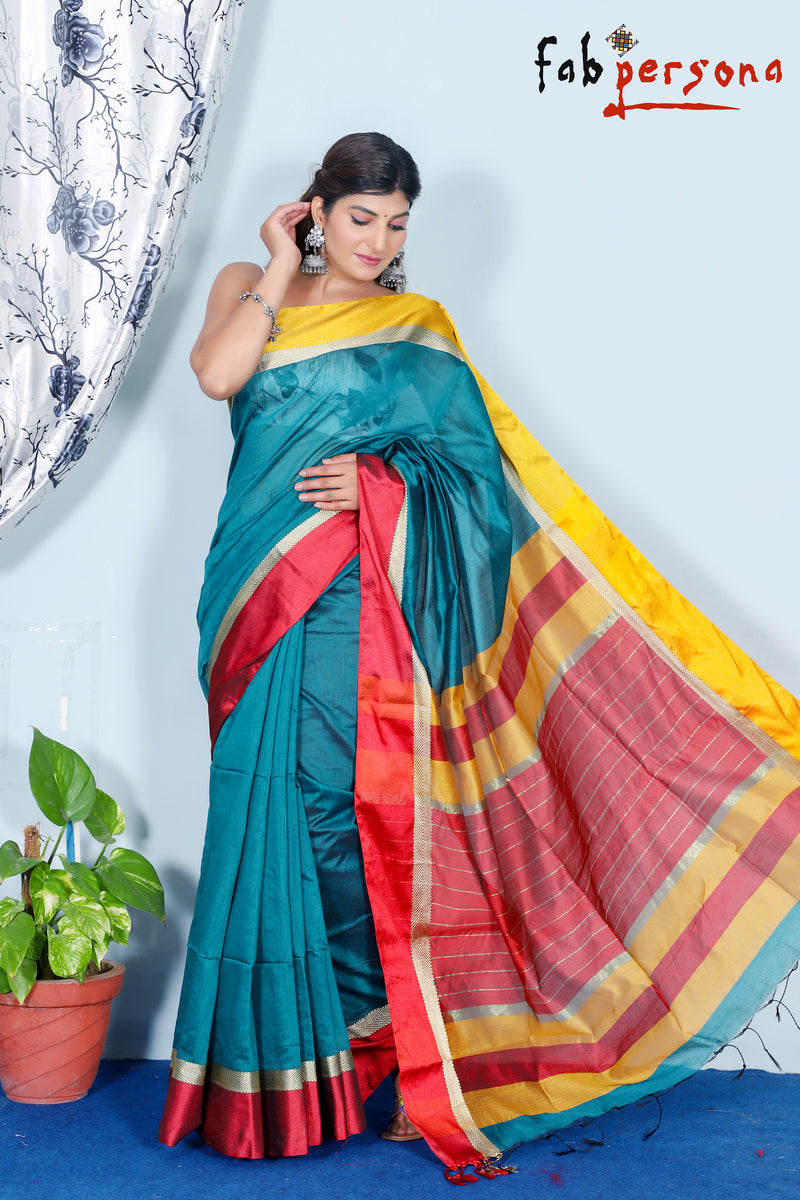 Silk Cotton Handloom Silver Maheswari Design Saree With Jacquard Border  ( length- 6.3 meter )