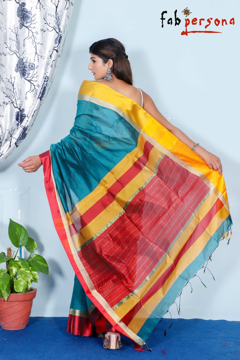 Silk Cotton Handloom Silver Maheswari Design Saree With Jacquard Border  ( length- 6.3 meter )