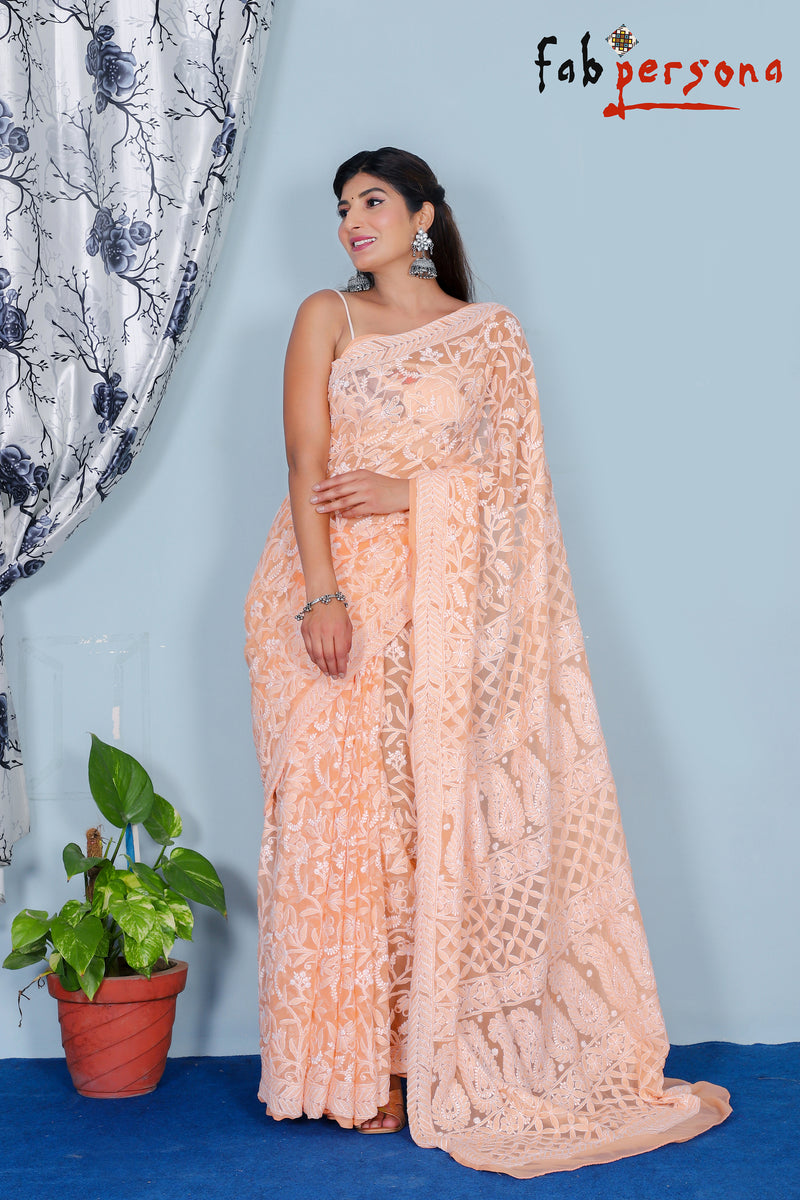 Chiffon Georgette All Over Jaal Chikankari Saree With Heavy Hand Work Embroidery