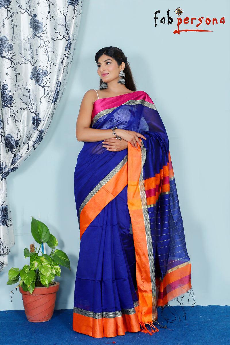 Silk Cotton Handloom Silver Maheswari Design Saree With Jacquard Border  ( length- 6.3 meter )