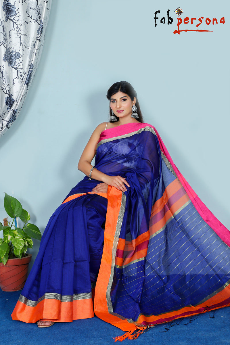 Silk Cotton Handloom Silver Maheswari Design Saree With Jacquard Border  ( length- 6.3 meter )