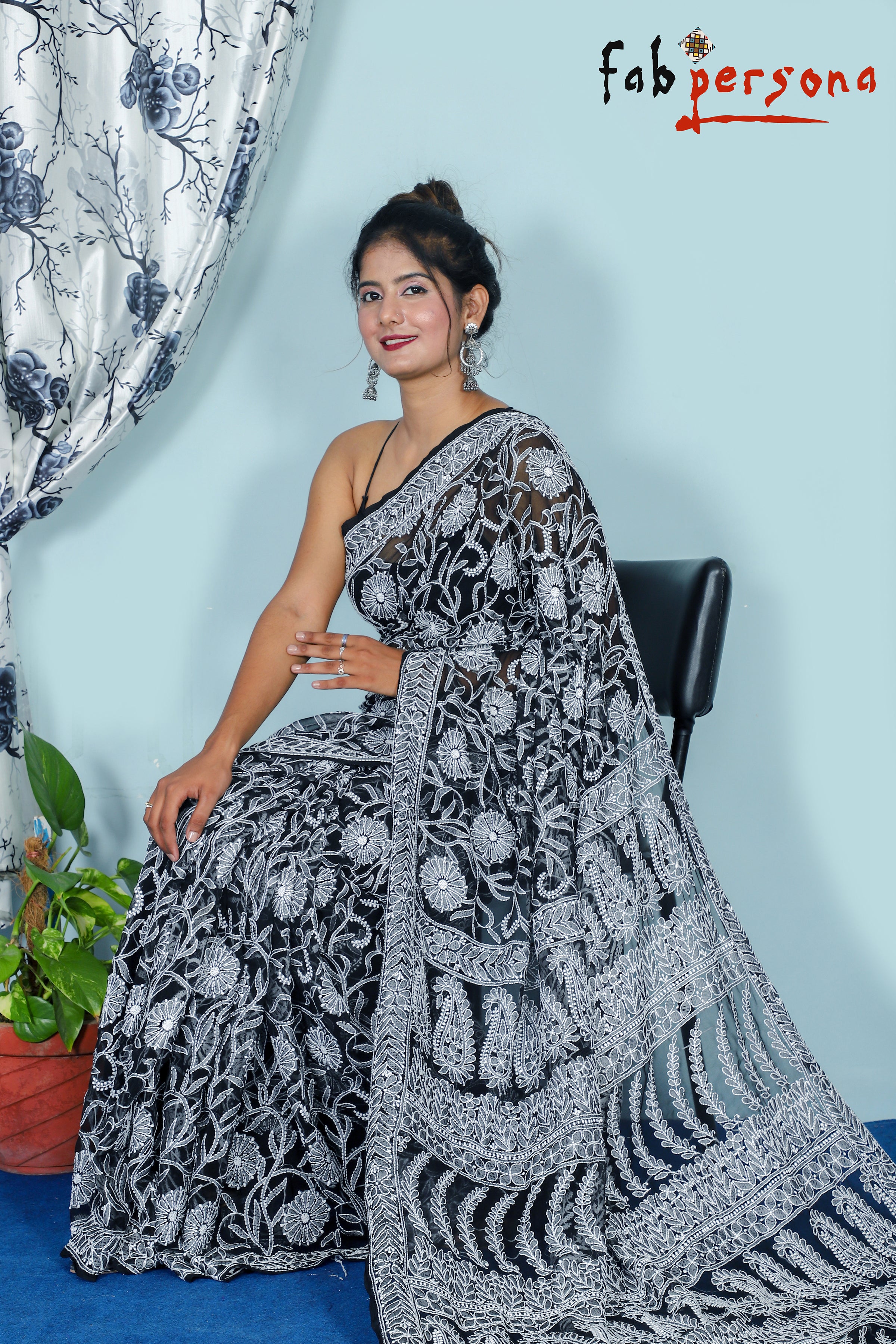 Hand work chikankari Black chiffon saree – J4eKart