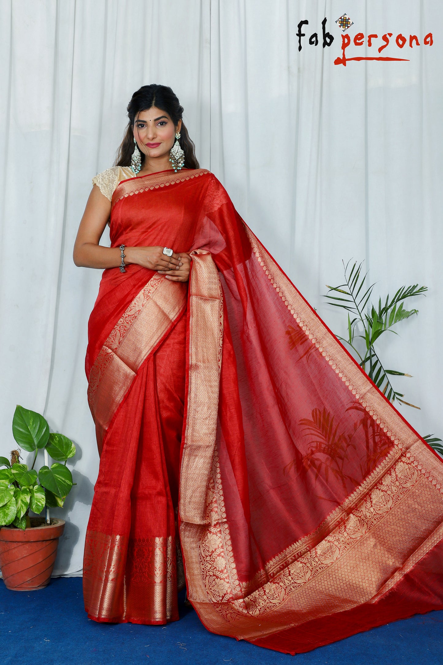 Silk Printed Banarasi Linen Weaving Saree, 6.3 m (with blouse