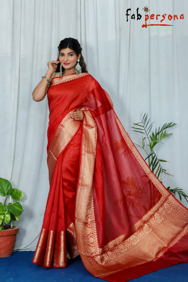 Pure Banarasi Linen Silk Border Saree with contrast Blouse ( length- 6.3 meter )