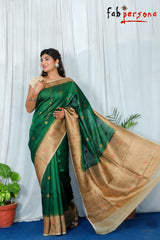 Green Color Pure Tussar Silk Saree With Antique Zari Work ( Silk Mark Certified)