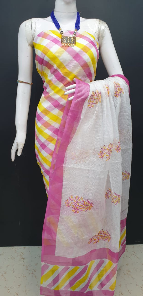 Yellow & Pink Brush Print Kota Doriya unstitched suits With Kota Doriya Dupatta (Without Bottom )